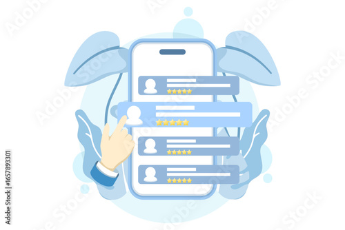 Flat vector illustration of leveraging user reviews to improve business growth. Concept of customer feedback, ratings, and enhancing satisfaction for better service and improved user experience.