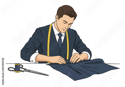 Man sewing fabric at table. Measuring tape around neck. Scissor & thread in bkg