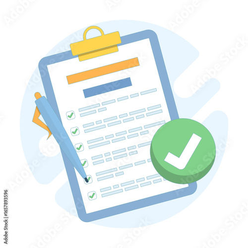 Checklist documents on clipboard with approval and rejection marks. Illustration of accepted and declined papers, document review process, and task validation in flat vector design.
