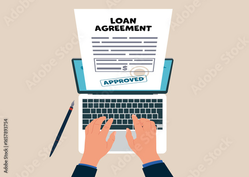 Top view of man working using laptop. Loan agreement borrow money from bank, mortgage, debt or obligation to pay back interest rate, personal loan or financial support. Vector illustration
