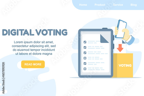 Digital election campaign and online voting system. Ballot boxes with voter participation and encouragement. Concept of democracy, choice making, and election process for web or mobile apps.