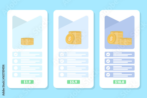 Flat vector illustration of service pricing table. Includes three plan options with order buttons, set tariffs, and package comparison for website design, landing page, and UI interface elements.