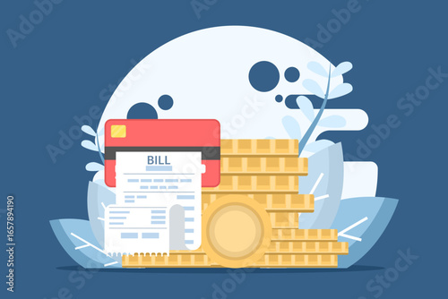 Flat vector illustration of a debit card and payment concept. Includes expense reports, payment receipts, money, and banking elements. Suitable for website banners, finance, and online payments.
