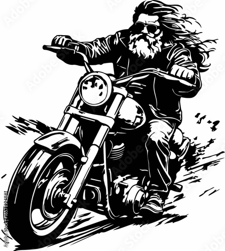 Biker with beard riding a motorcycle with speed and style in black and white.