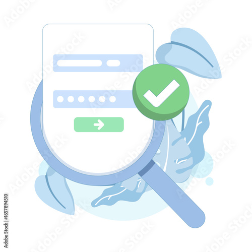 Flat vector illustration of correct password verification with magnifying glass. Concept of personal data protection, user authentication, account sign-in, and secure online authorization.