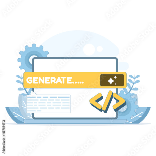 Flat vector illustration of training generative AI with big data and machine learning. Concept of AI-assisted content creation, article writing, and code generation using artificial intelligence.