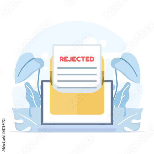 Flat vector illustration of a rejected letter displayed on a laptop screen. Concept of negative response for college applications, university admissions, or workplace notifications.