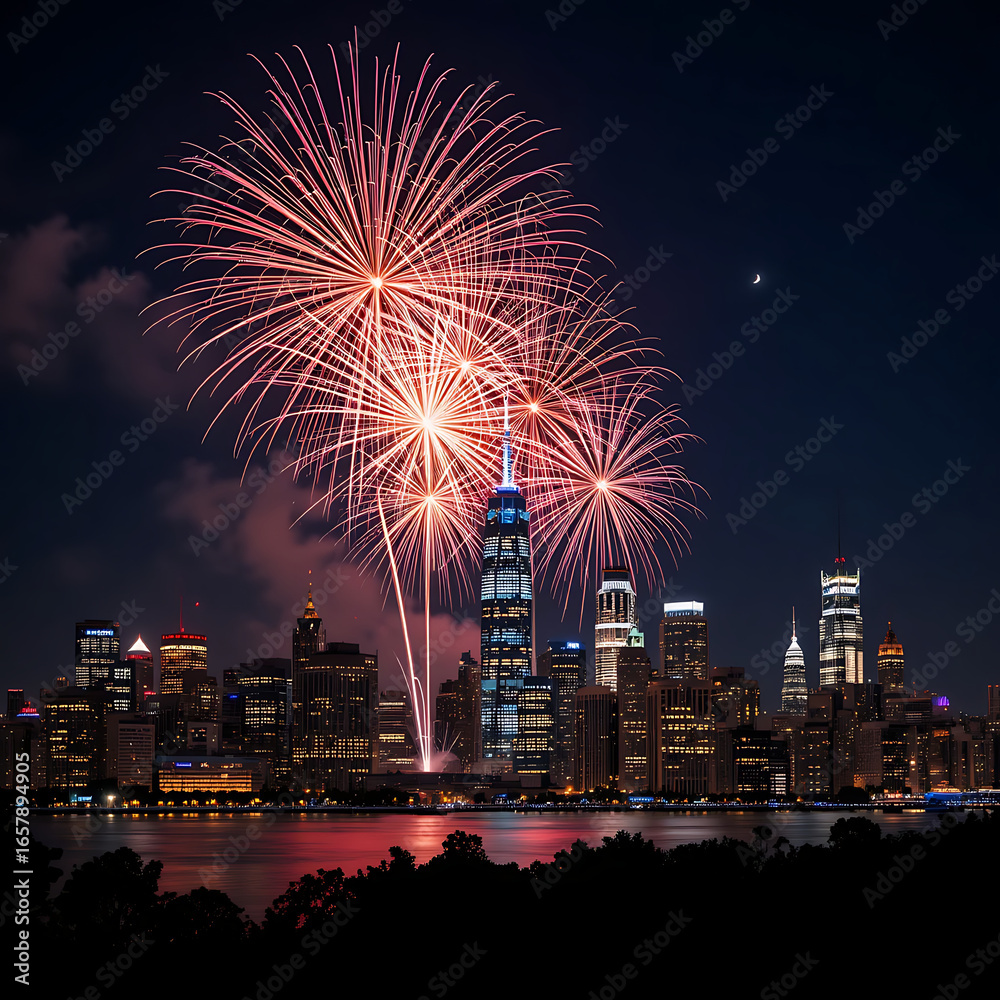 Fireworks over city skyline Fireworks over city skyline