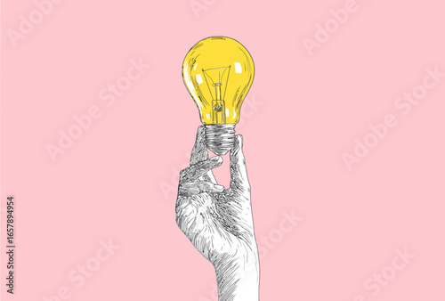 
A hand holding up an illuminated light bulb, against a pink background, in a yellow illustration style. The design is simple, with clean lines and shapes, and minimal line art. 