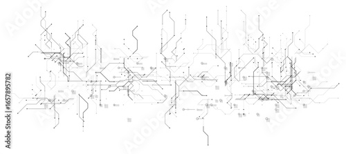 Black and white digital circuit chip background, processor network. AI neural system texture. Cyber data flow tech pattern. Artificial intelligence technology backdrop. Vector illustration