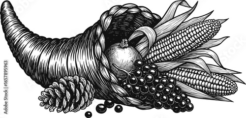 Vintage Black and White Cornucopia Illustration with Corn, Grapes, Pinecone, Thanksgiving Harvest Concept, Hand-Drawn Retro Holiday Artwork