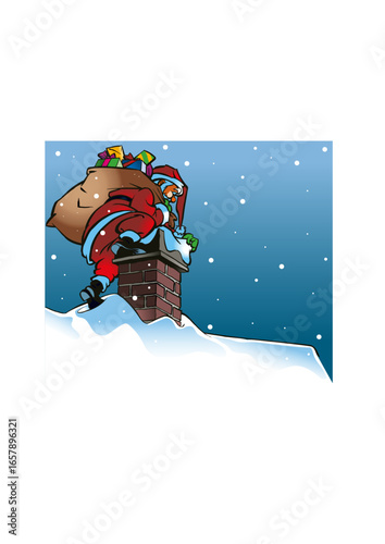 Santa Claus (Father Christmas) climbs down a chimney carrying a heavy sack full of gifts.