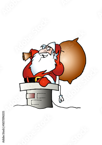 Santa Claus (Father Christmas) climbs down a chimney carrying a heavy sack full of gifts.