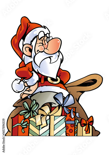 
Santa Claus (Father Christmas) standing by a heavy sack full of gifts.