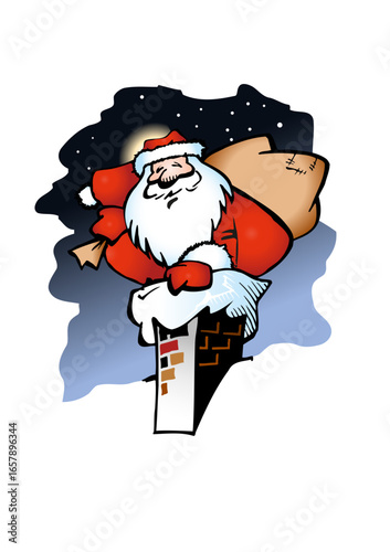 Santa Claus (Father Christmas) climbs down a chimney carrying a heavy sack full of gifts.