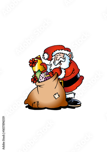 Santa Claus (Father Christmas) with a heavy sack full of gifts.