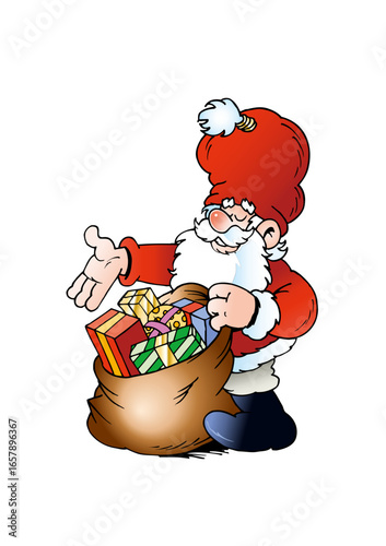 Santa Claus (Father Christmas) is carrying a heavy sack full of gifts.