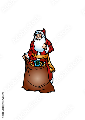 Santa Claus (Father Christmas) is carrying a heavy sack full of gifts.