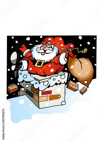 Santa Claus (Father Christmas) climbs down a chimney carrying a heavy sack full of gifts.