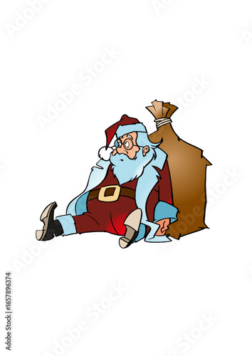 Santa Claus sits out of breath and rests leaning on his big sack full of gifts
