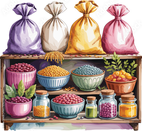 Watercolor Illustration of Colorful Spices, Herbs, Grains in Jars, Bowls, and Sacks on Wooden Shelf, Organic Kitchen Pantry Decor