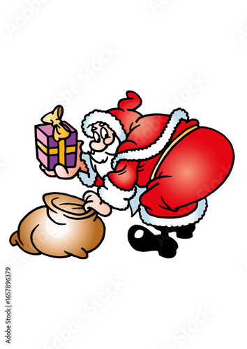 Santa Claus (Father Christmas) is carrying a heavy sack full of gifts.