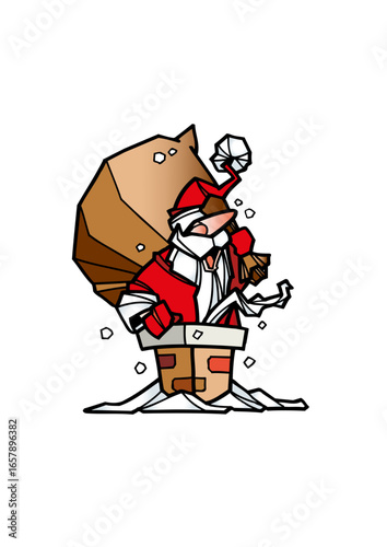 Santa Claus (Father Christmas) climbs down a chimney carrying a heavy sack of gifts.