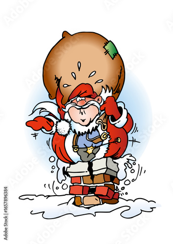 Santa Claus (Father Christmas) climbs down a chimney and gets stuck because he is too fat