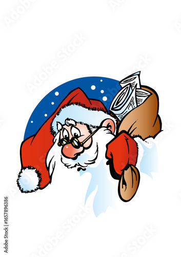 Santa Claus (Father Christmas) is carrying a sack full of newspapers.