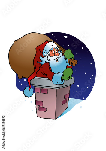 Santa Claus (Father Christmas) climbs down a chimney carrying a heavy sack of gifts.