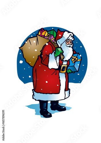 Santa Claus (Father Christmas) is carrying a heavy sack of gifts.