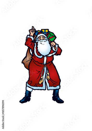 Santa Claus (Father Christmas) is carrying a heavy sack of gifts.