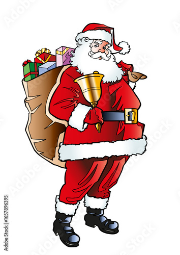 Happy Santa Claus (Father Christmas) carries a big sack of gifts and rings a bell.