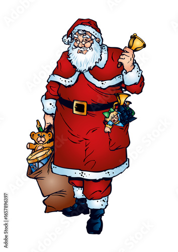 Happy Santa Claus (Father Christmas) carries a big sack of gifts and rings a bell.