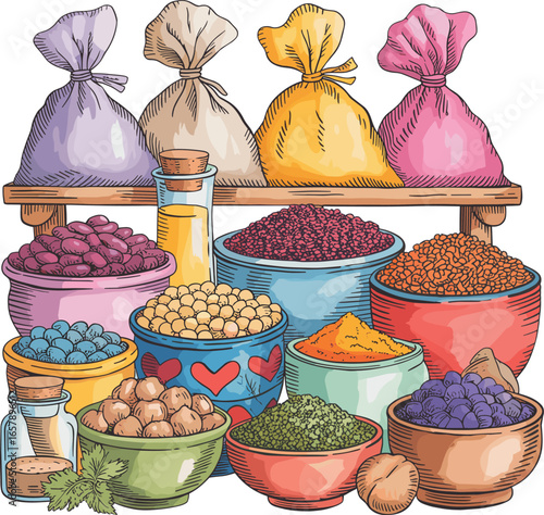 Watercolor Illustration of Colorful Spices, Herbs, Grains in Jars, Bowls, and Sacks on Wooden Shelf, Organic Kitchen Pantry Decor