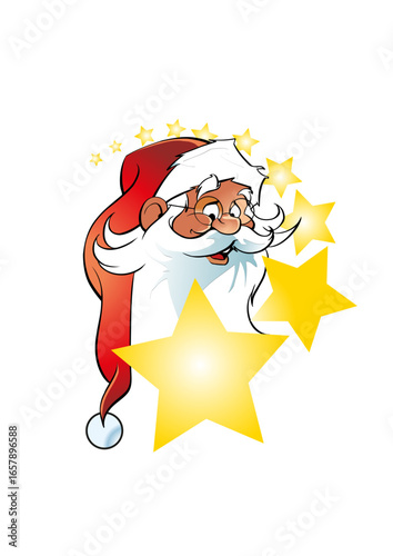 Smiling Santa Claus surrounded by stars