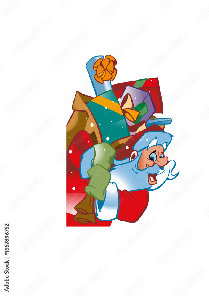 Naklejka premium Smiling Santa Claus (Father Christmas) is carrying a heavy sack full of gifts.