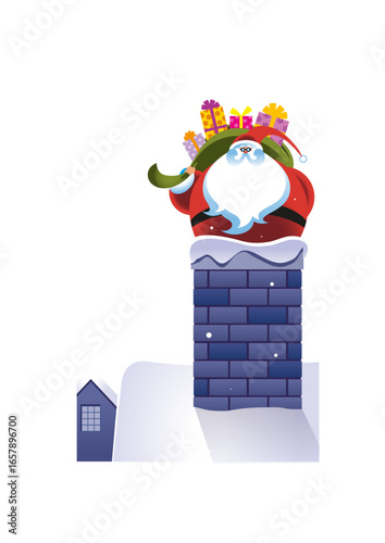 Santa Claus (Father Christmas) climbs down a chimney carrying a sack full of gifts.