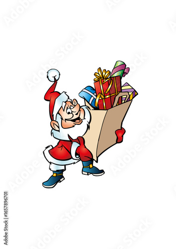 Smiling Santa Claus (Father Christmas) is carrying a bag full of gifts.