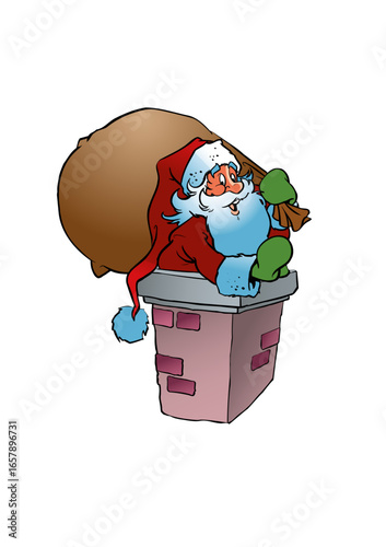 Santa Claus (Father Christmas) climbs down a chimney carrying a heavy sack of gifts.