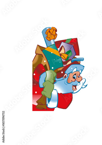 Smiling Santa Claus (Father Christmas) is carrying a heavy sack full of gifts.