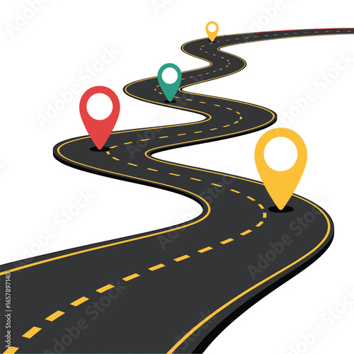 Winding asphalt road with colorful location pins marking a journey or route vector