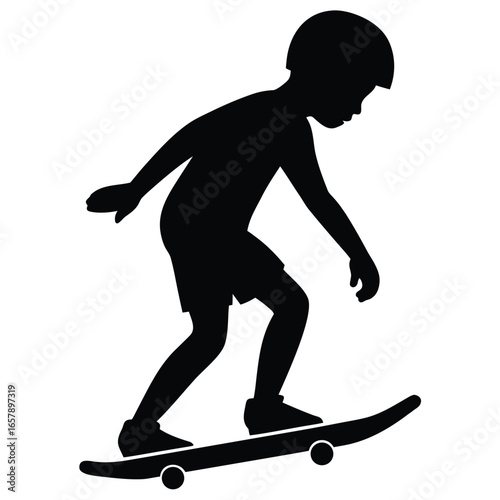 Boy skateboarding with helmet silhouette black