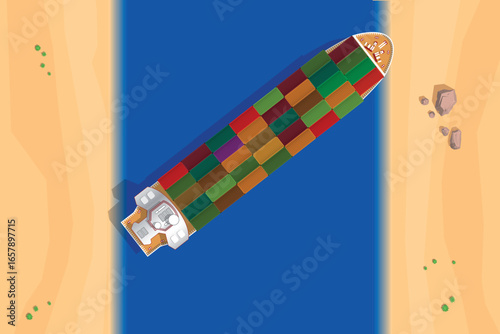 Top view of a massive cargo vessel wedged in a narrow waterway, blocking global shipping traffic, similar to the famous Suez Canal incident. View from above. Aerial.