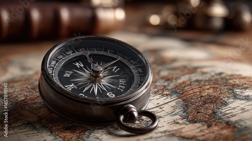 Antique compass on aged map