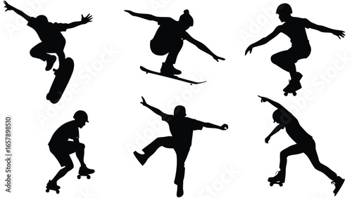 Dynamic skateboarders performing tricks skateboarding