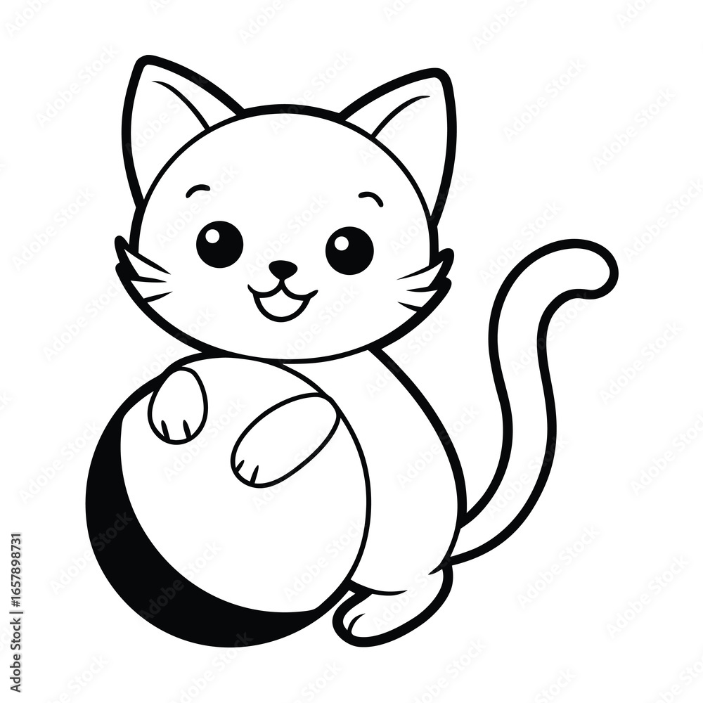 Fototapeta premium Coloring page outline of a cartoon little cat with a toy ball. Cute playful kitten. Pet. Coloring book for kids, featuring a fun animal scene, perfect for creative drawing.