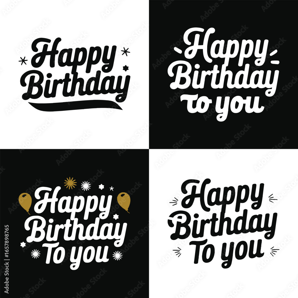 Fototapeta premium Happy birthday typography set with decorative lettering, balloons, stars, and festive elements for celebration and greeting designs