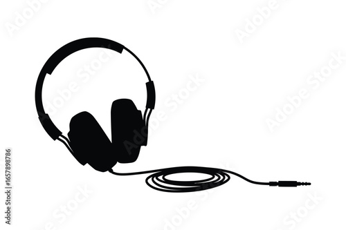 Classic black over-ear headphones with coiled cord and audio jack icon vector