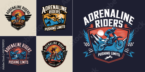 Adrenaline riders motocross emblem set with motorbike, mountains, sunset, and extreme sports typography for racing and adventure designs